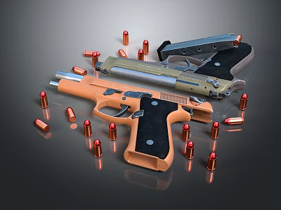 Different Colored Pistols Displayed With Scattered Bullets On Dark Surface 3d model
