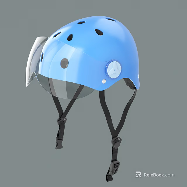 Blue Safety Helmet With Transparent Visor Adjustable Dial And Ventilation Holes 3d model 