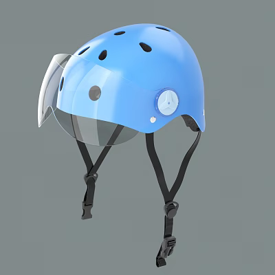 Blue Safety Helmet With Transparent Visor Adjustable Dial And Ventilation Holes 3d model
