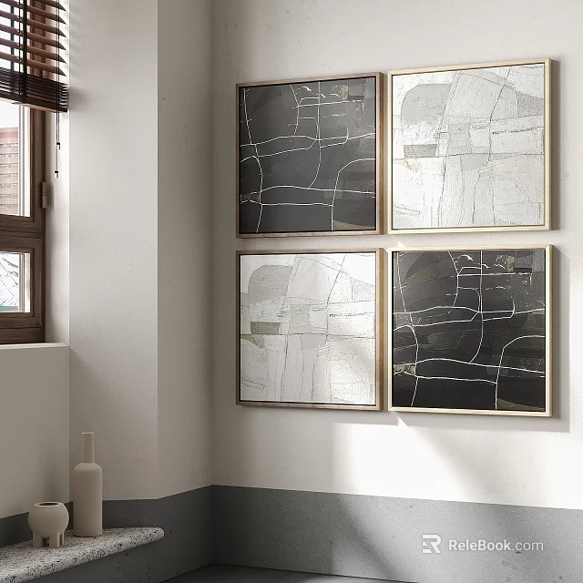 Four Framed Black And White Line Artworks On Wall In Modern Interior Space With Vase 3d model 