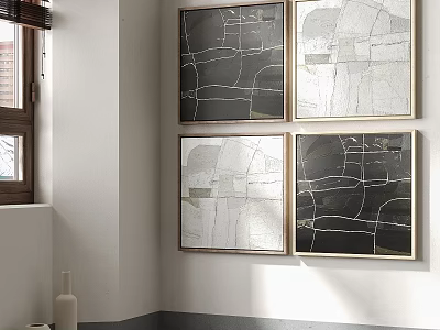 Four Framed Black And White Line Artworks On Wall In Modern Interior Space With Vase 3d model