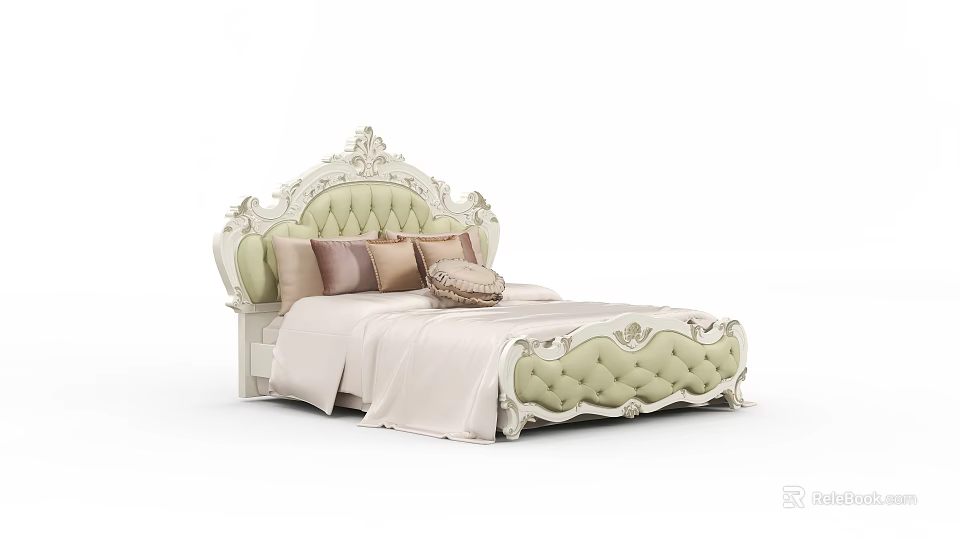 Elegant Classic Double Bed with Carved White Headboard Green Tufted Upholstery Decorative Pillows and Basket 3d model 