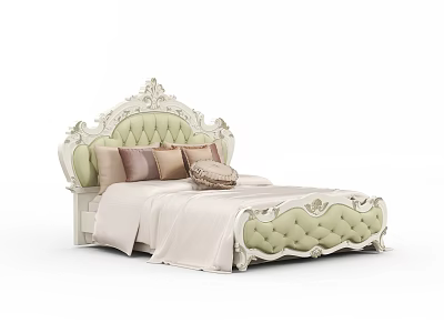 Elegant Classic Double Bed with Carved White Headboard Green Tufted Upholstery Decorative Pillows and Basket 3d model