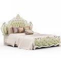 Elegant Classic Double Bed with Carved White Headboard Green Tufted Upholstery Decorative Pillows and Basket