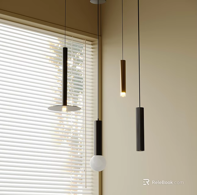 Modern Pendant Lights with Cylindrical Dome Shapes Black Gold White Finishes by Window with Blinds 3d model 