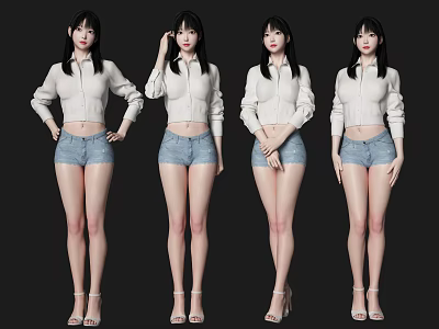 Woman In White Hoodie Blue Denim Shorts And High Heels With Different Poses 3d model