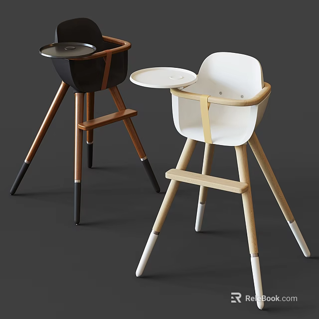 Modern Kids' Chair with Removable Tray and Wooden Legs in White and Black Design 3d model 