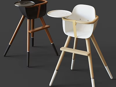 Modern Kids' Chair with Removable Tray and Wooden Legs in White and Black Design 3d model
