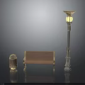 Outdoor Street Furniture Collection With Wooden Bench Decorative Lamp Post And Metal Trash Can