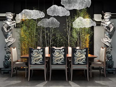 New Chinese Dining Table and Chair Combination Cloud Lamp Dining Table Panlong Column 3d model