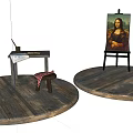 Art Supplies Setup With Easels Mona Lisa Paintings Tables Brushes And Stools On Wooden Platforms