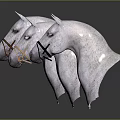 Three White Horse Head Sculptures With Different Colored Bridles On Dark Background 3d model