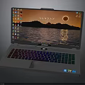 Modern Laptop With Colorful Backlit Keyboard Sunset Background Screen And Desktop Icons
