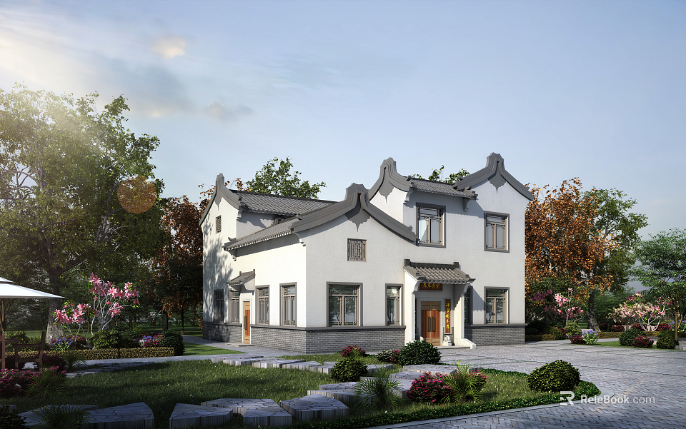 Traditional Chinese Detached Villa Exterior With White Walls Gray Tiles And Lush Garden Trees 3d model 