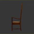 Wooden Leisure Chair With Carved Design Pointed Arch Backrest Armrests And Striped Seat