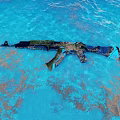 Yellow And Blue Tactical Rifle With Black Components And Modern Grip Design