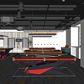 Modern Billiards Room Interior Design With Red Pool Tables And Hanging Lights 3d model