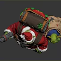 Christmas Goblin Character In Santa Costume Holding Toy Gun With Small Goblin In Gift Bag