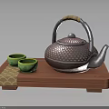 Traditional Patterned Teapot With Wooden Handle And Green Teacups On Red Wooden Tray