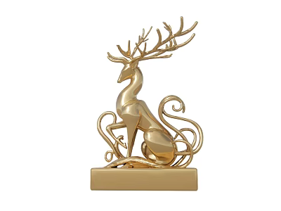 Golden Deer Shaped Sculpture Carving With Intricate Antlers And Square Base 3d model
