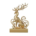 Golden Deer Shaped Sculpture Carving With Intricate Antlers And Square Base