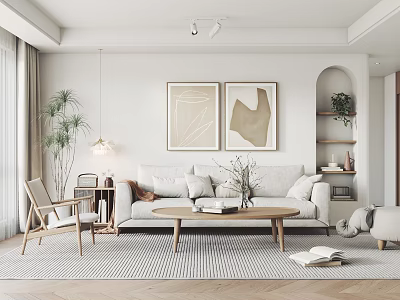 Modern Living Room Interior With Light Gray Sofa Wooden Coffee Table And Framed Paintings 3d model