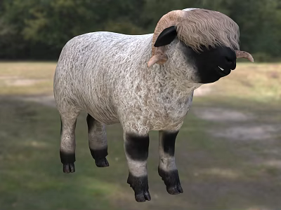 White and Gray Sheep With Black Face Legs Standing In Grassy Field With Trees 3d model