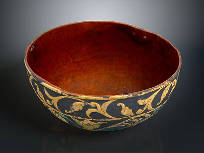 Intricately Carved Bowl With Golden Floral Patterns And Rich Red Interior 3d model