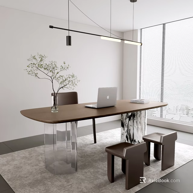 Modern Wooden Desk With Laptop Potted Plant Chair Stools By Window Natural Lighting 3d model 