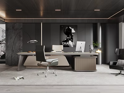 Modern Dark Toned Office Interior With Desk Computer Chair CHANEL Poster Green Plants And Lighting 3d model