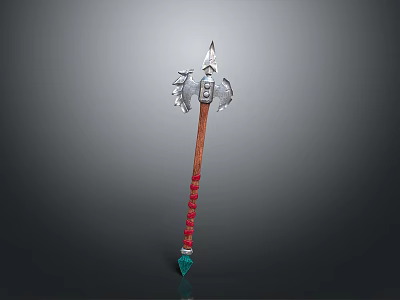 Medieval Axe Weapon with Wooden Handle Red Decorations Metal Head and Green Gemstone 3d model