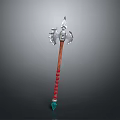 Medieval Axe Weapon with Wooden Handle Red Decorations Metal Head and Green Gemstone