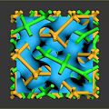 3D Geometric Cube Structure With Blue Green Yellow Interconnected Molecular Strands