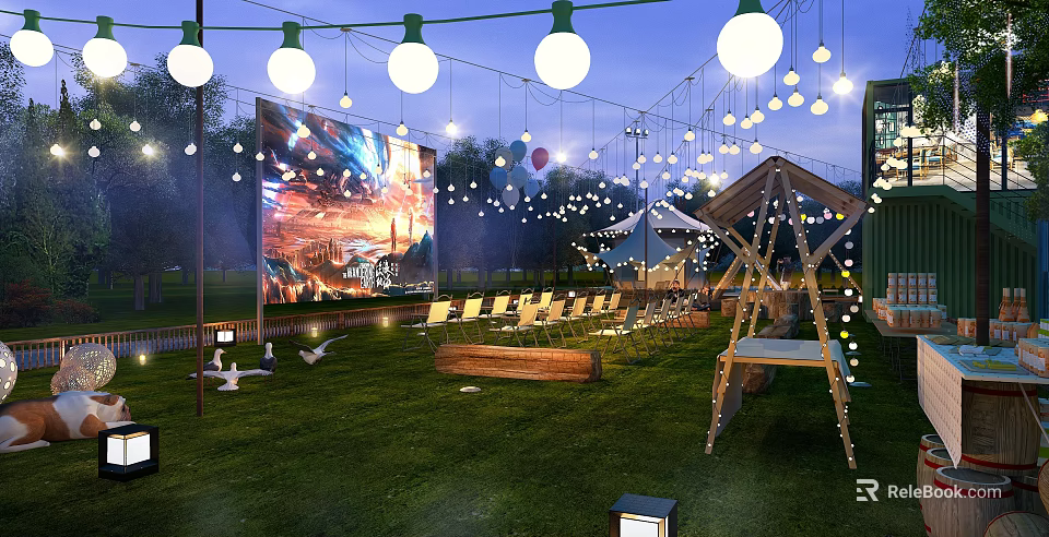 Outdoor Garden Landscape With Hanging String Lights Green Grass Wooden Structure And Chairs 3d model 