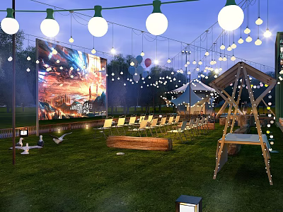 Outdoor Garden Landscape With Hanging String Lights Green Grass Wooden Structure And Chairs 3d model