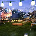 Outdoor Garden Landscape With Hanging String Lights Green Grass Wooden Structure And Chairs