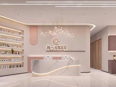 Modern Beauty Hair Salon With Reception Desk Product Shelves Elegant Chandelier And Professional Care Services 3d model