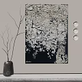 Black And White Abstract Painting With Textured Fragments On Minimalist Wall With Decorative Branches