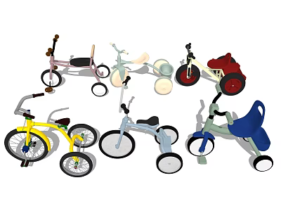 Colorful Kids Bicycles with Training Wheels and Tricycles in Various Styles 3d model