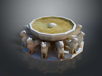 Octagonal Stone Fountain With Multiple Sheep Statues As Base Support 3d model