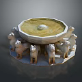 Octagonal Stone Fountain With Multiple Sheep Statues As Base Support