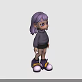 Game And Movie Character With Purple Hair Gray Sweater Black Skirt Purple Shoes Yellow Accents