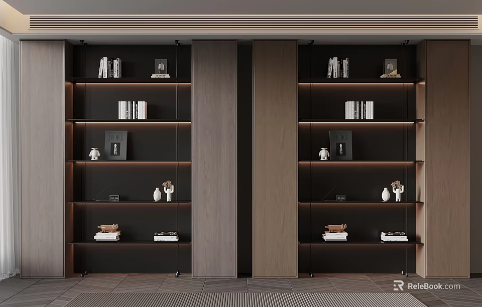 Modern Dark Wood Bookcase With Multi Tiered Shelves Holding Books And Decorative Items 3d model 