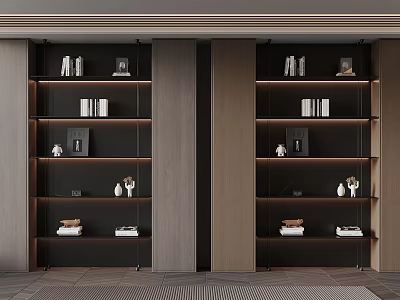 Modern Dark Wood Bookcase With Multi Tiered Shelves Holding Books And Decorative Items 3d model