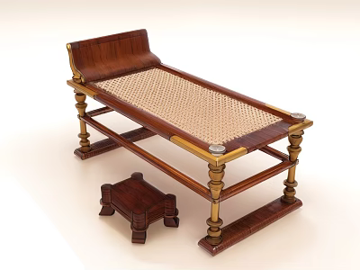 Traditional Wooden Lounge Chair With Woven Seat Brass Accent Legs And Matching Small Stool 3d model