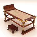 Traditional Wooden Lounge Chair With Woven Seat Brass Accent Legs And Matching Small Stool
