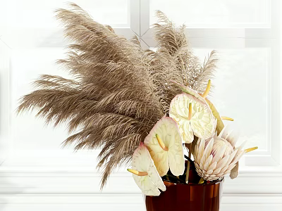 Brown Vase with Feathery Plants and White Pink Blooms Near Window 3d model