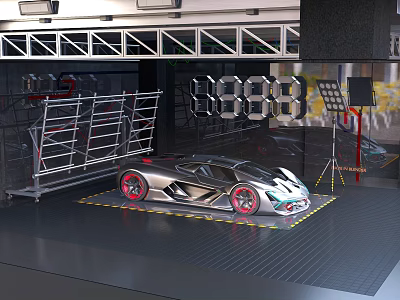 Modern Parking Garage With Silver Sports Car Red Wheels Scaffolding And Hexagonal Panels 3d model