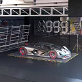 Modern Parking Garage With Silver Sports Car Red Wheels Scaffolding And Hexagonal Panels