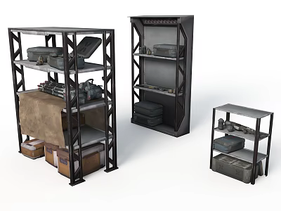 Rustic Metal Shelving Units With Storage Boxes Blanket And Multiple Tiers 3d model